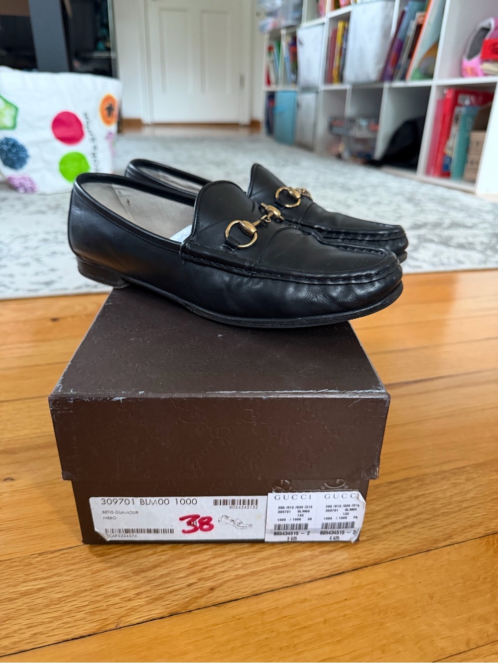 Gucci 1953 Horsebit Black Leather Loafers Gold Size 38